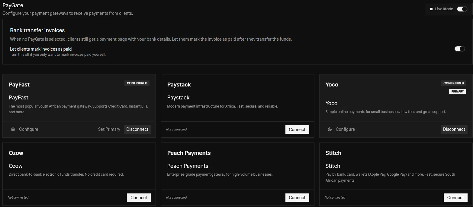 Actual Illumi PayGate settings supplied by Cameron, showing provider connections, the primary gateway and bank-transfer invoice options.
