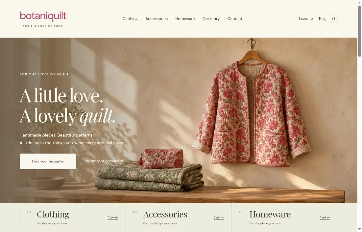 Botaniquilt storefront homepage showing quilted clothing, homeware and collection navigation