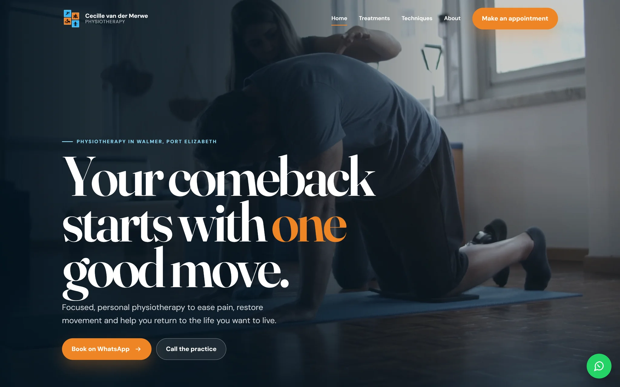 Live physiotherapy homepage with rehabilitation photography