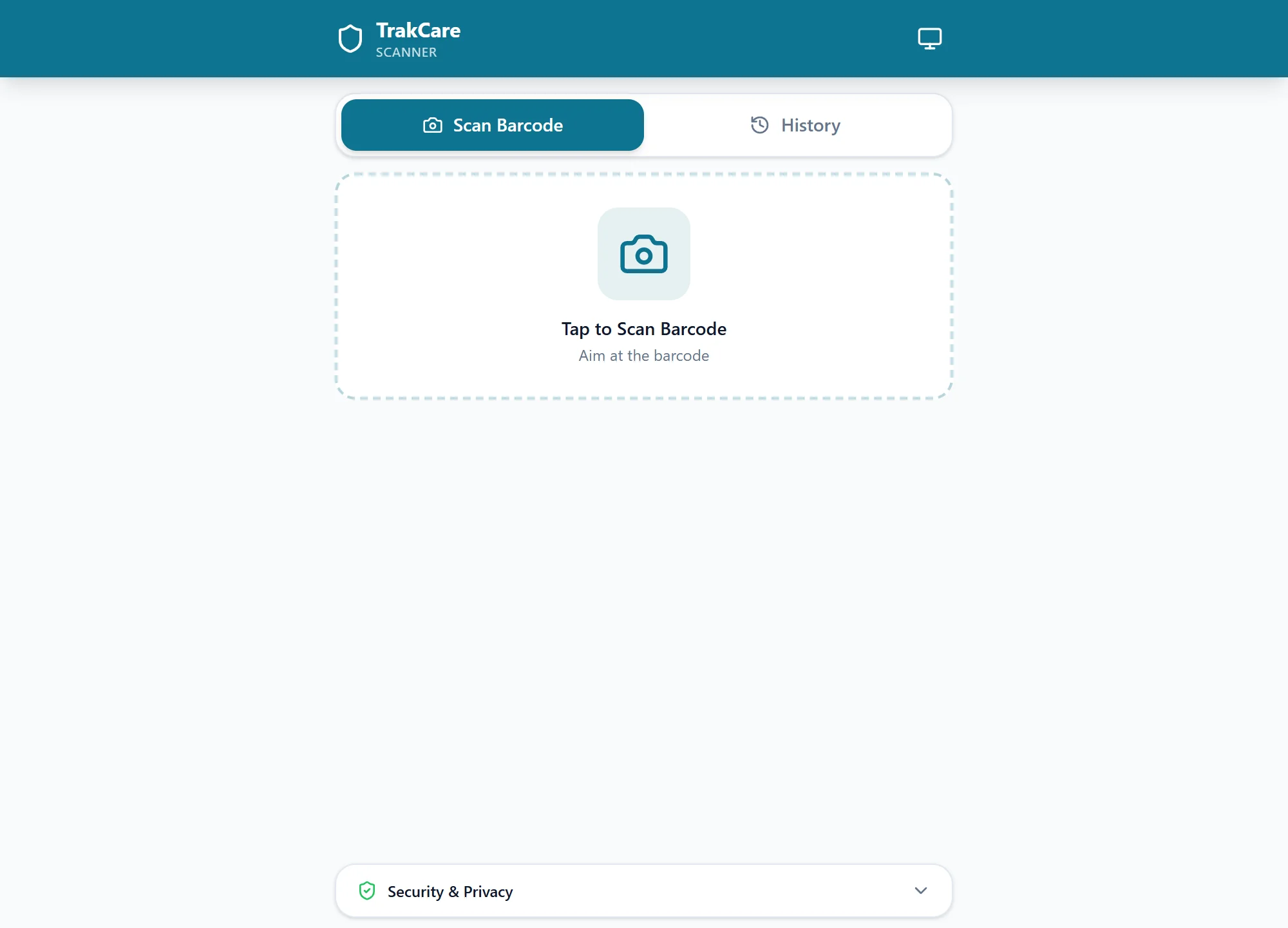 Live TrakCare scanner workspace with camera-scan action and history tab