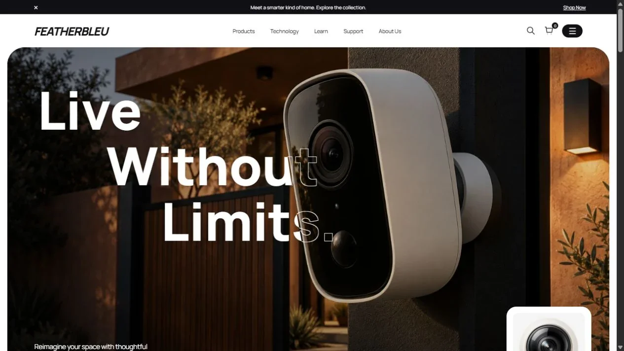 Featherbleu Store homepage with security-camera imagery and the Live Without Limits headline